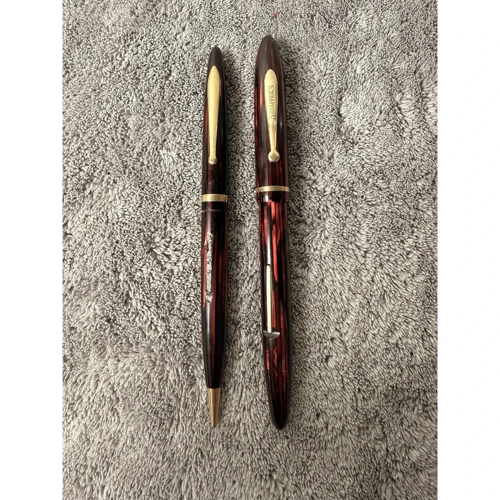 Vintage Sheaffer Balance Fountain Pen And Pencil Set Carmine Striated 14k 3 Nib